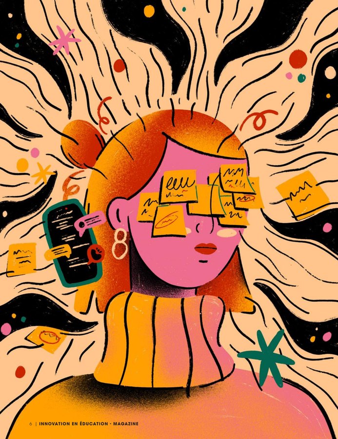 Illustration : une jeune femme aux yeux couverts de post-it, téléphone à la main, assaillie de sollicitations