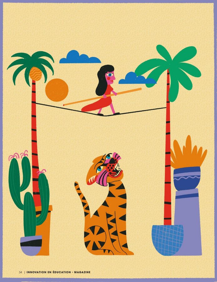 Illustration : une funambule sur un fil entre deux palmiers, un tigre au pied