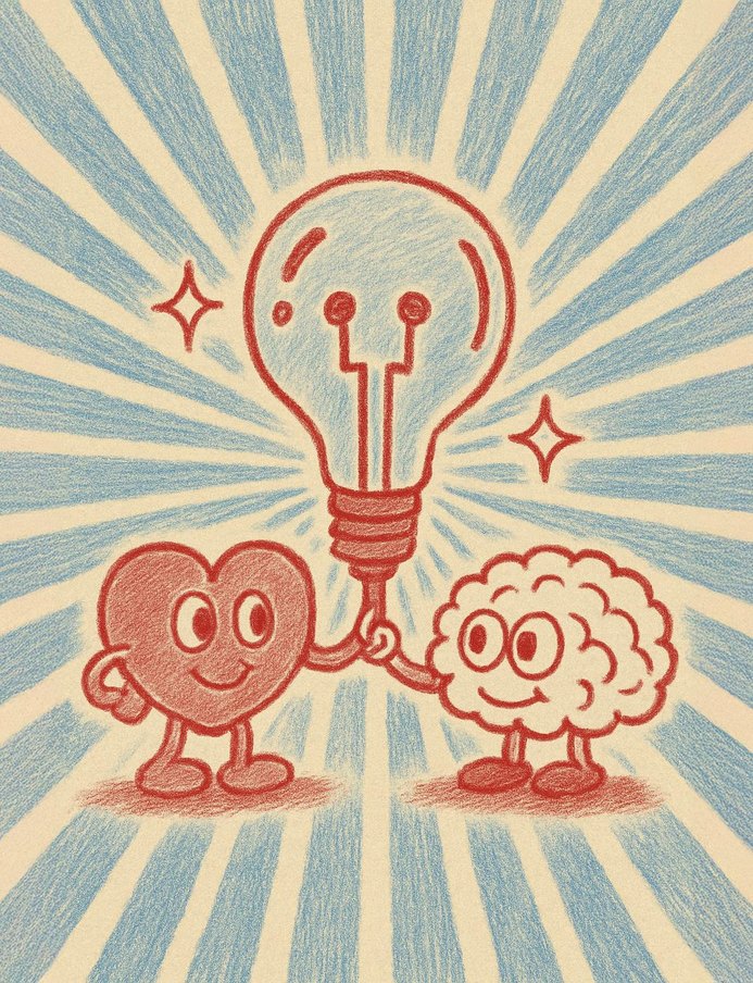 Illustration : un cœur et un cerveau souriants allument ensemble une ampoule