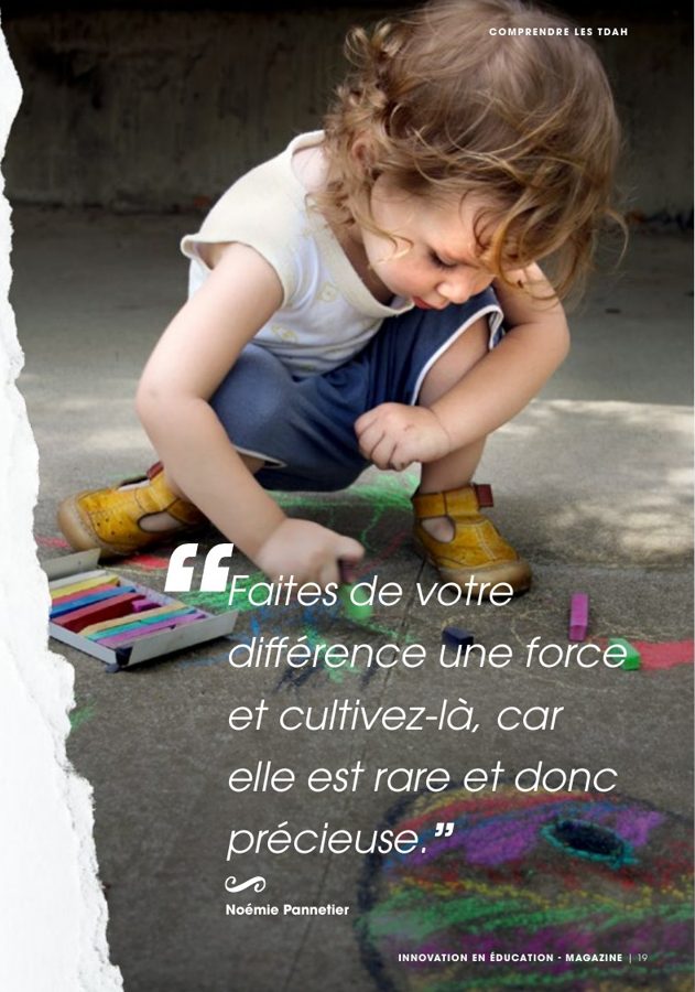 Enfant dessinant à la craie, citation : Faites de votre différence une force